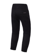Calças Alpinestars Flex-AST Canvas, Pretas, vista traseira, calças de motociclismo em estilo clássico de roupa de trabalho com o logótipo Alpinestars no bolso traseiro, pespontos decorativos contrastantes e fechos de mola ajustáveis nas bainhas das pernas