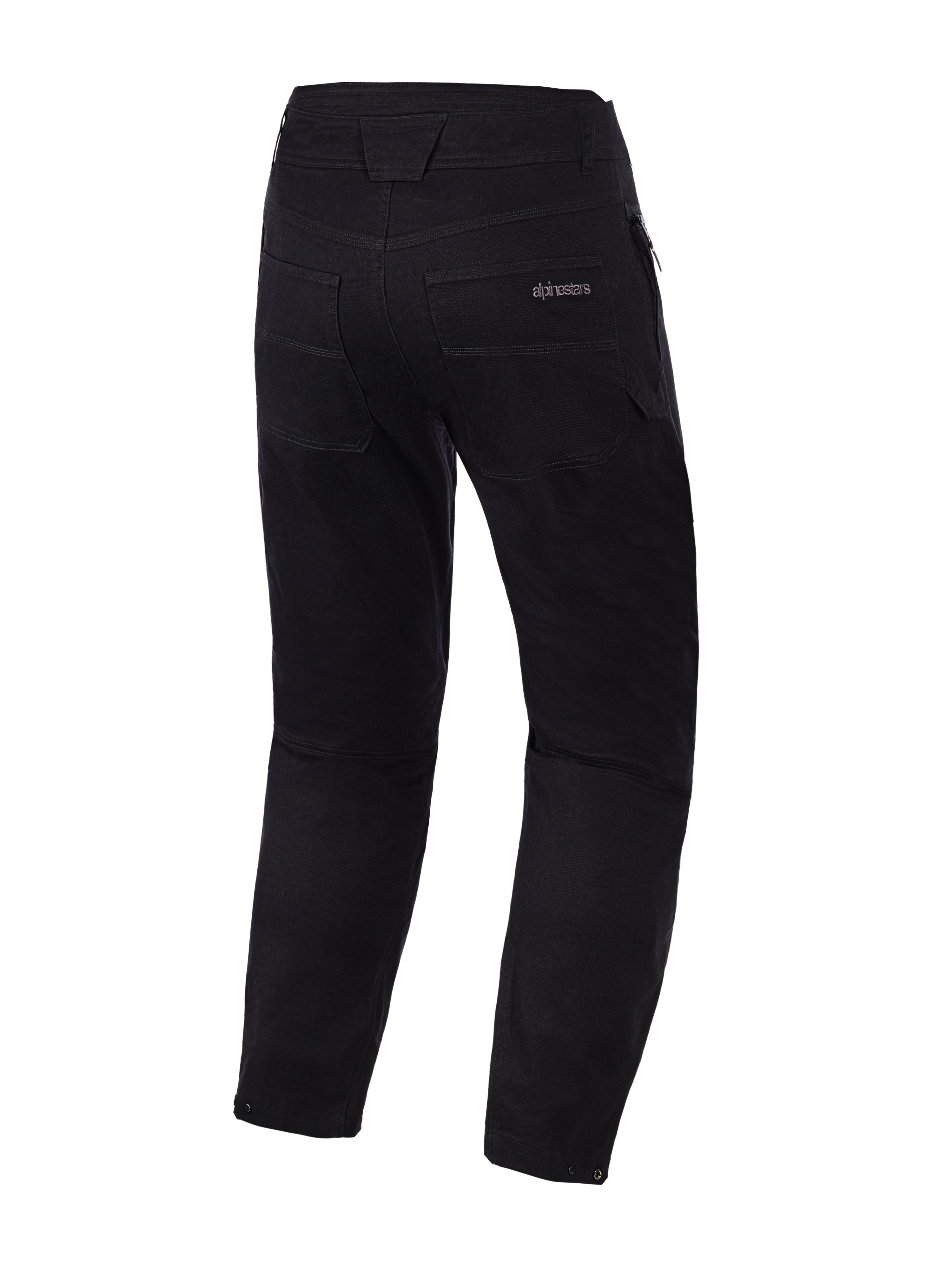 Calças Alpinestars Flex-AST Canvas, Pretas, vista traseira, calças de motociclismo em estilo clássico de roupa de trabalho com o logótipo Alpinestars no bolso traseiro, pespontos decorativos contrastantes e fechos de mola ajustáveis nas bainhas das pernas