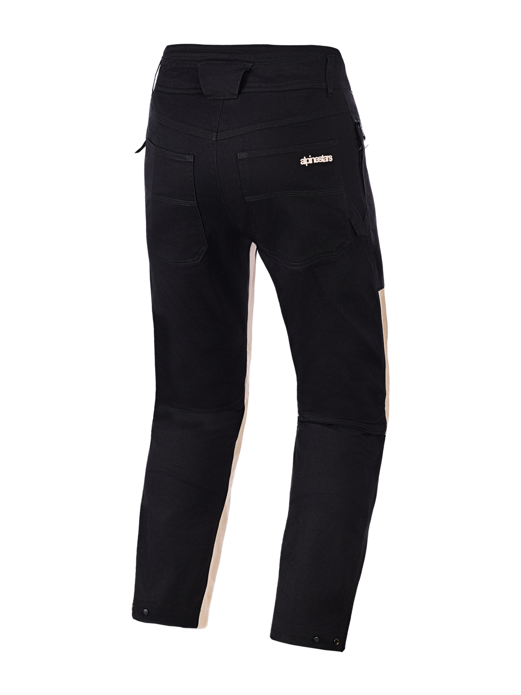 Calças Alpinestars Flex-AST Canvas, vista traseira, Black Aluminum, em sarja de policotão preta com detalhes em bege claro no interior das pernas, dois bolsos traseiros com marca Alpinestars e reguladores de pressão na abertura das pernas, calças de motociclismo urbanas com um design inspirado em vestuário de trabalho.