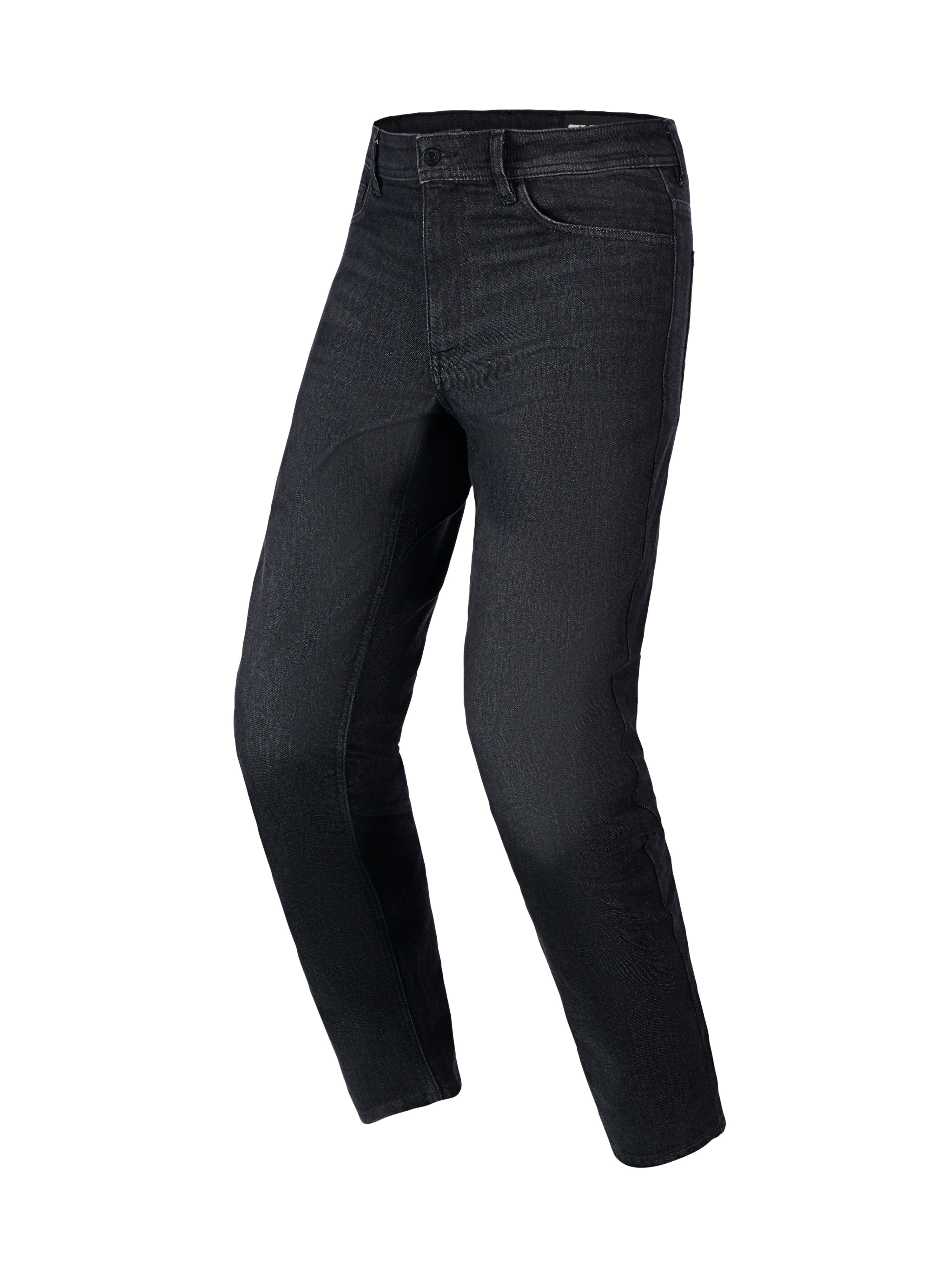 Alpinestars Flex-AST 5 Denim Pants in Black Washed, urban motorcycle riding jeans with a tapered fit, monolayer stretch denim construction, and classic five-pocket design, front three-quarter view