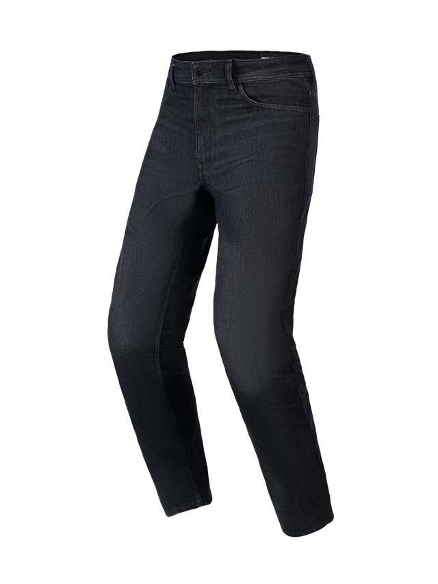 Calças Alpinestars Flex-AST 5 Denim, calças de ganga para motociclismo, preto desgastado, corte regular afunilado, design de cinco bolsos com passantes para cinto, tecido de ganga elástica, equipamento de proteção urbano para motociclista