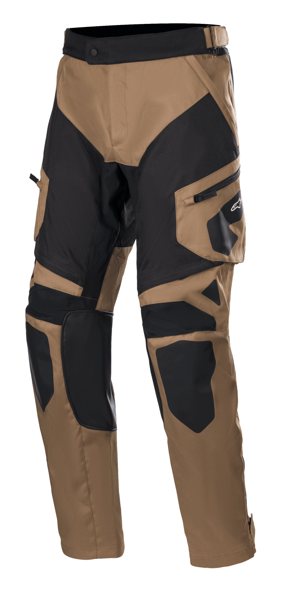 Alpinestars Venture XT Pants Over Boot, calças de motociclismo de turismo e aventura, camel e preto, com painéis reforçados nos joelhos e coxas, bolso cargo lateral com o logótipo Alpinestars e cinta de ajuste na cintura.