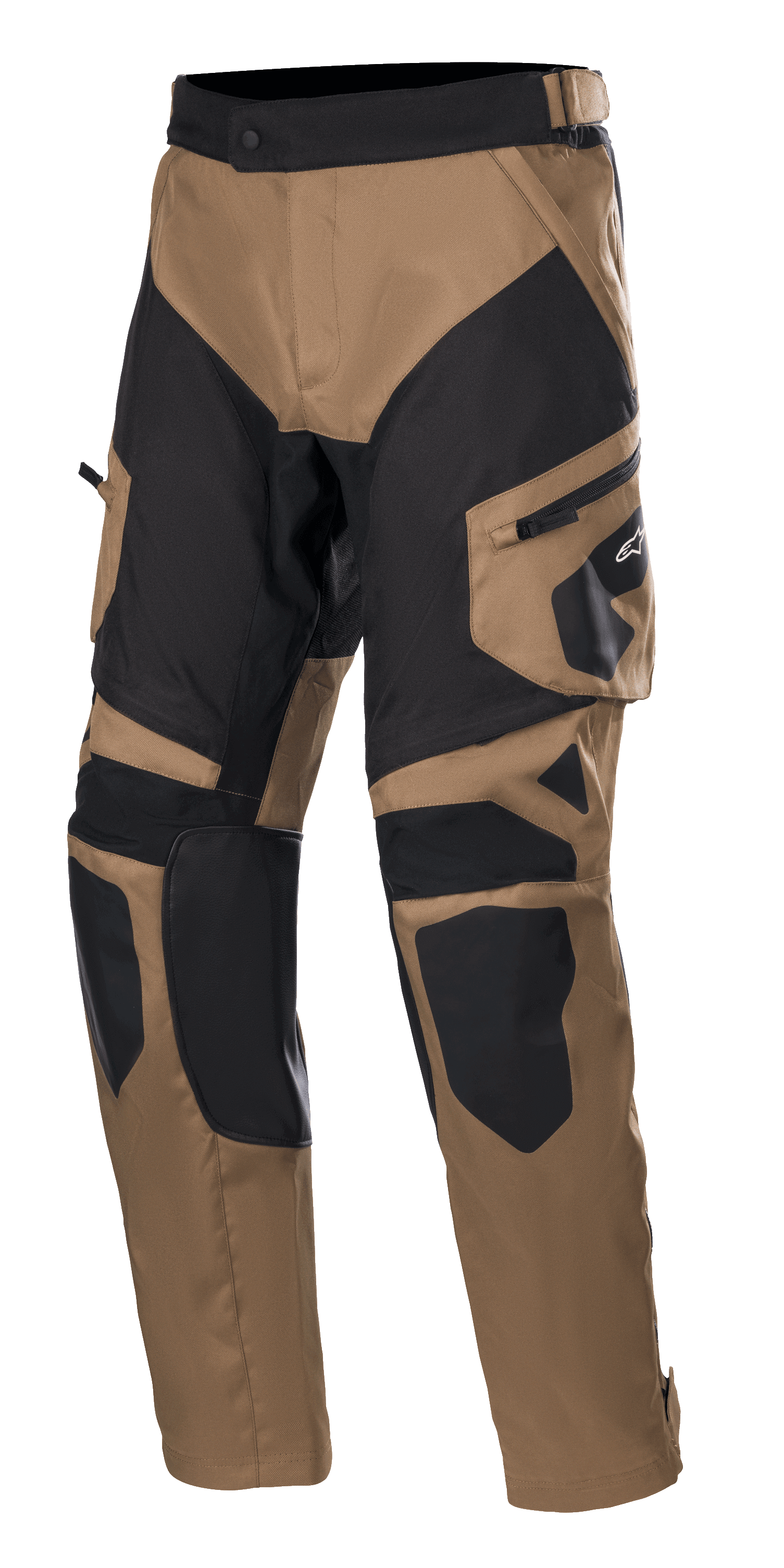 Alpinestars Venture XT Pants Over Boot, calças de motociclismo de turismo e aventura, camel e preto, com painéis reforçados nos joelhos e coxas, bolso cargo lateral com o logótipo Alpinestars e cinta de ajuste na cintura.