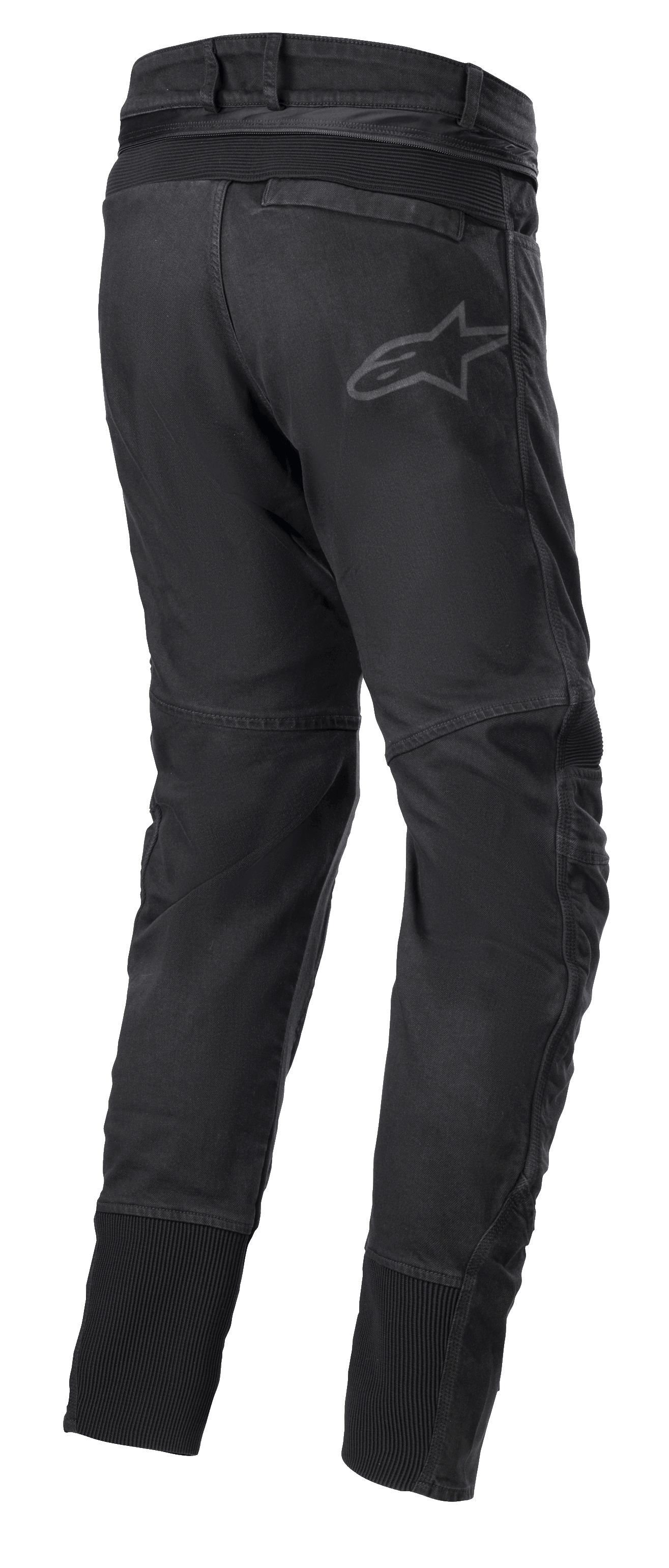 Calças Alpinestars SP Pro, calças técnicas de motociclismo desportivo em preto, vista traseira com fecho de correr de ligação na cintura, inserções elásticas RIDEKNIT na pala traseira e nas panturrilhas, logótipo subtil