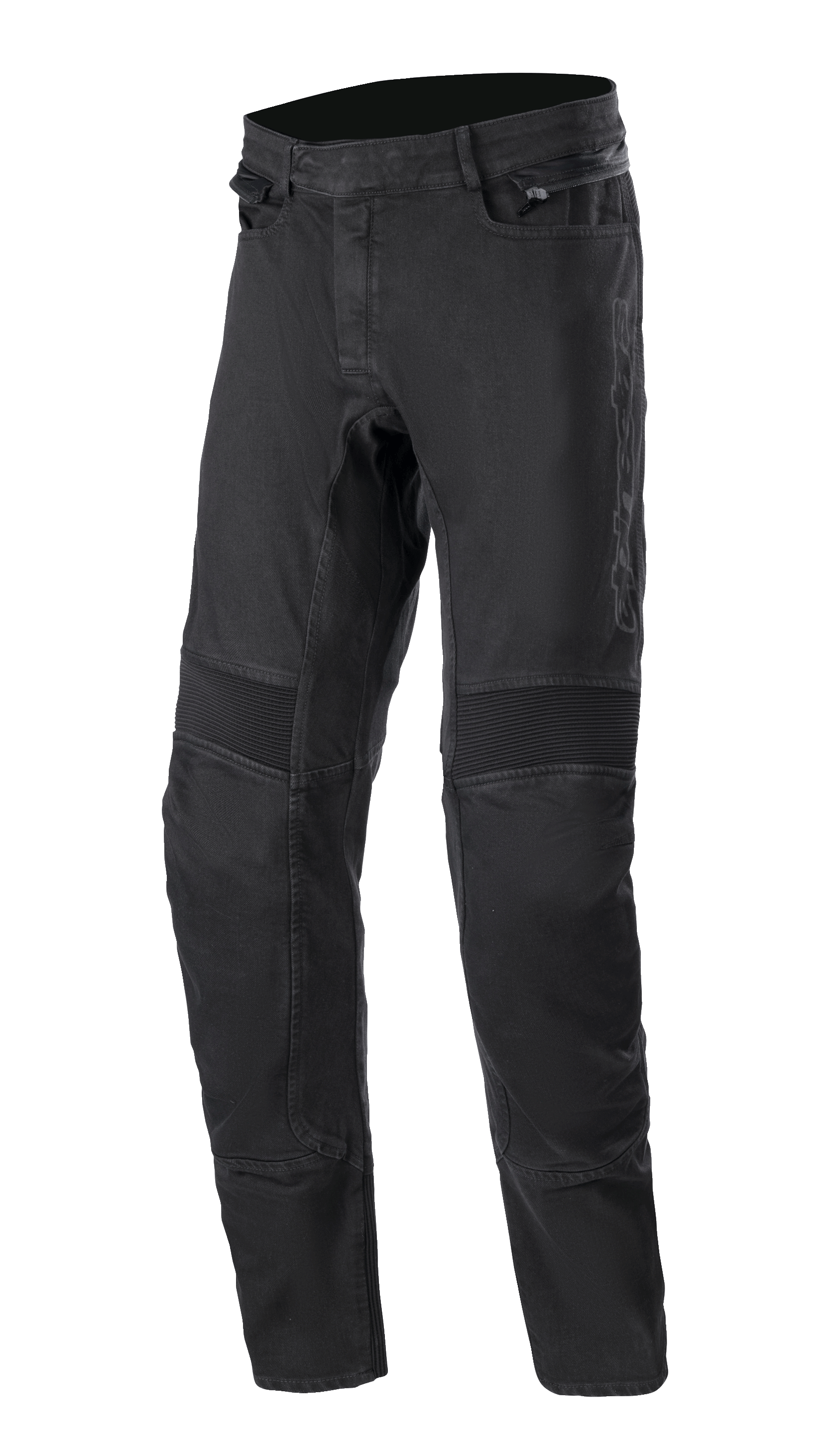 Alpinestars SP Pro Pants, calças técnicas de motociclismo, pretas, denim elástico de corte justo com painéis de flexibilidade em acordeão nos joelhos, bolsos laterais com fecho e costura tripla durável.