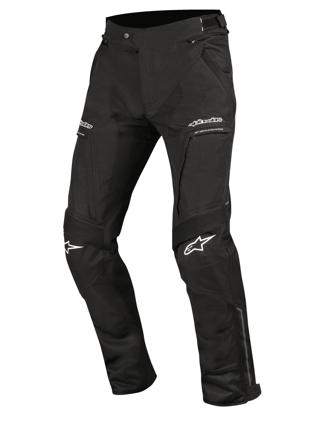 Alpinestars Ramjet Air Pants, calças de motociclismo, pretas, com painéis de ventilação em malha, inserções elásticas em acordeão nos joelhos, logótipos brancos nas coxas e joelhos, bolsos com fecho de correr e construção têxtil durável de múltiplos painéis para touring em estrada
