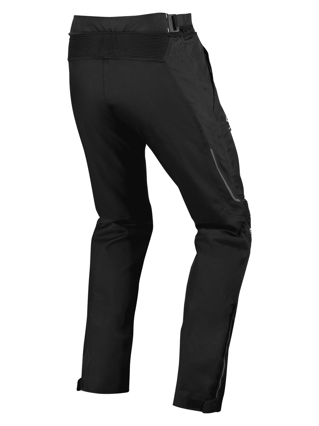 Calças Alpinestars Ramjet Air, calças de motociclismo de estrada, pretas, vista traseira com painel elástico em acordeão na cintura, construção têxtil multi-painel e reforços de perna com fecho de correr para um ajuste seguro.