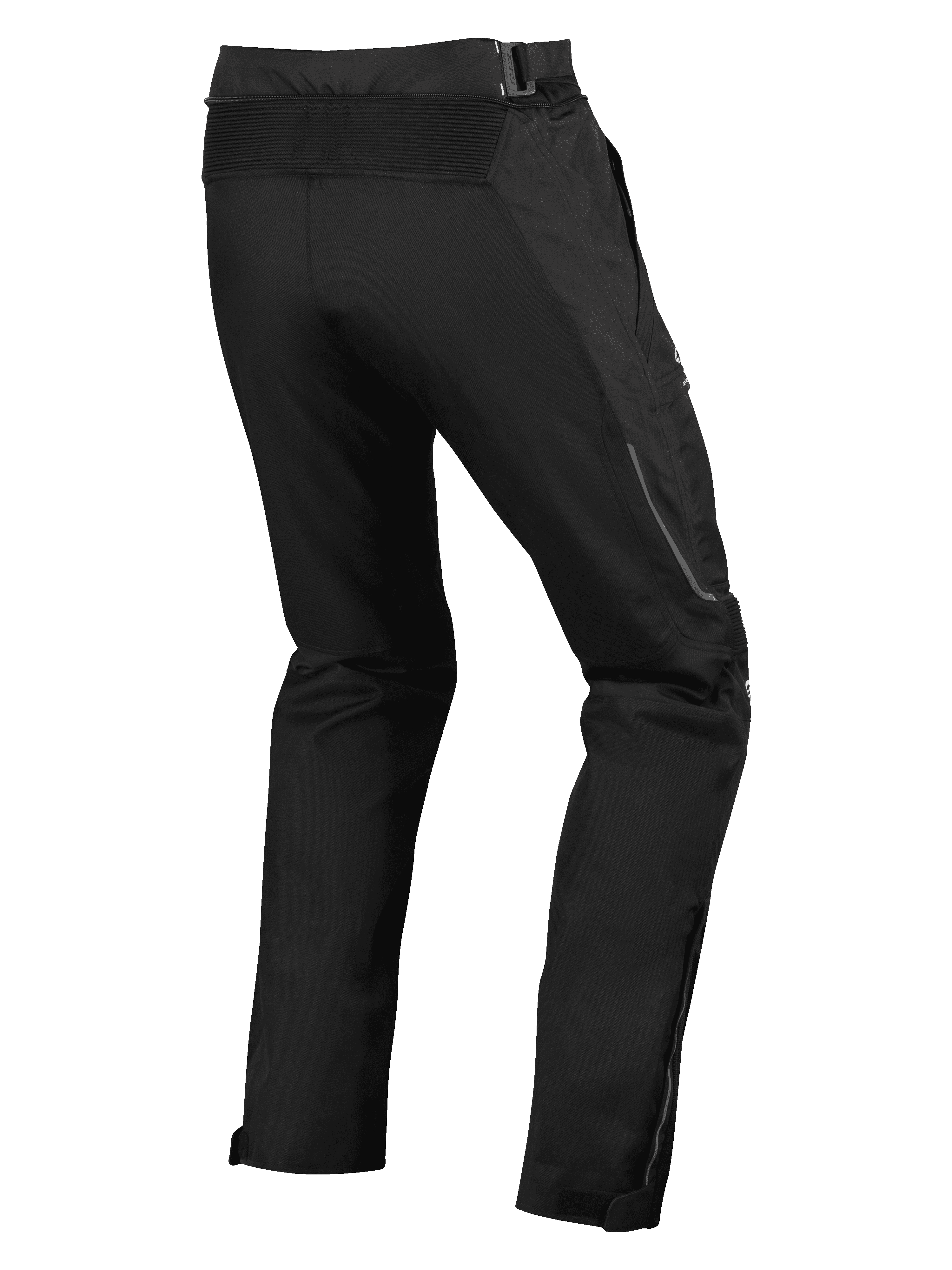 Calças Alpinestars Ramjet Air, calças de motociclismo de estrada, pretas, vista traseira com painel elástico em acordeão na cintura, construção têxtil multi-painel e reforços de perna com fecho de correr para um ajuste seguro.