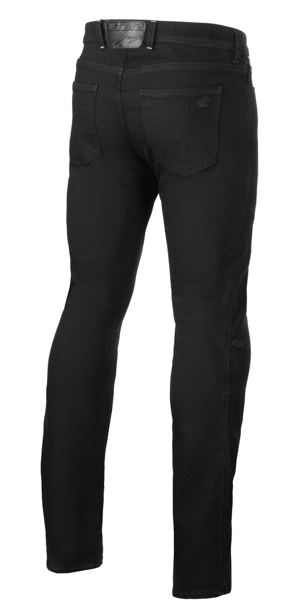 Alpinestars Cult-8 Stretch Denim Pants, Black Rinse, vista traseira de calças de ganga para motociclismo, corte regular de perna reta, com bolsos traseiros e patch de logótipo em pele em relevo na cintura, estilo urbano casual