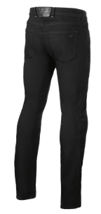Alpinestars Cult-8 Stretch Denim Pants, Black Rinse, vista traseira de calças de ganga para motociclismo, corte regular de perna reta, com bolsos traseiros e patch de logótipo em pele em relevo na cintura, estilo urbano casual