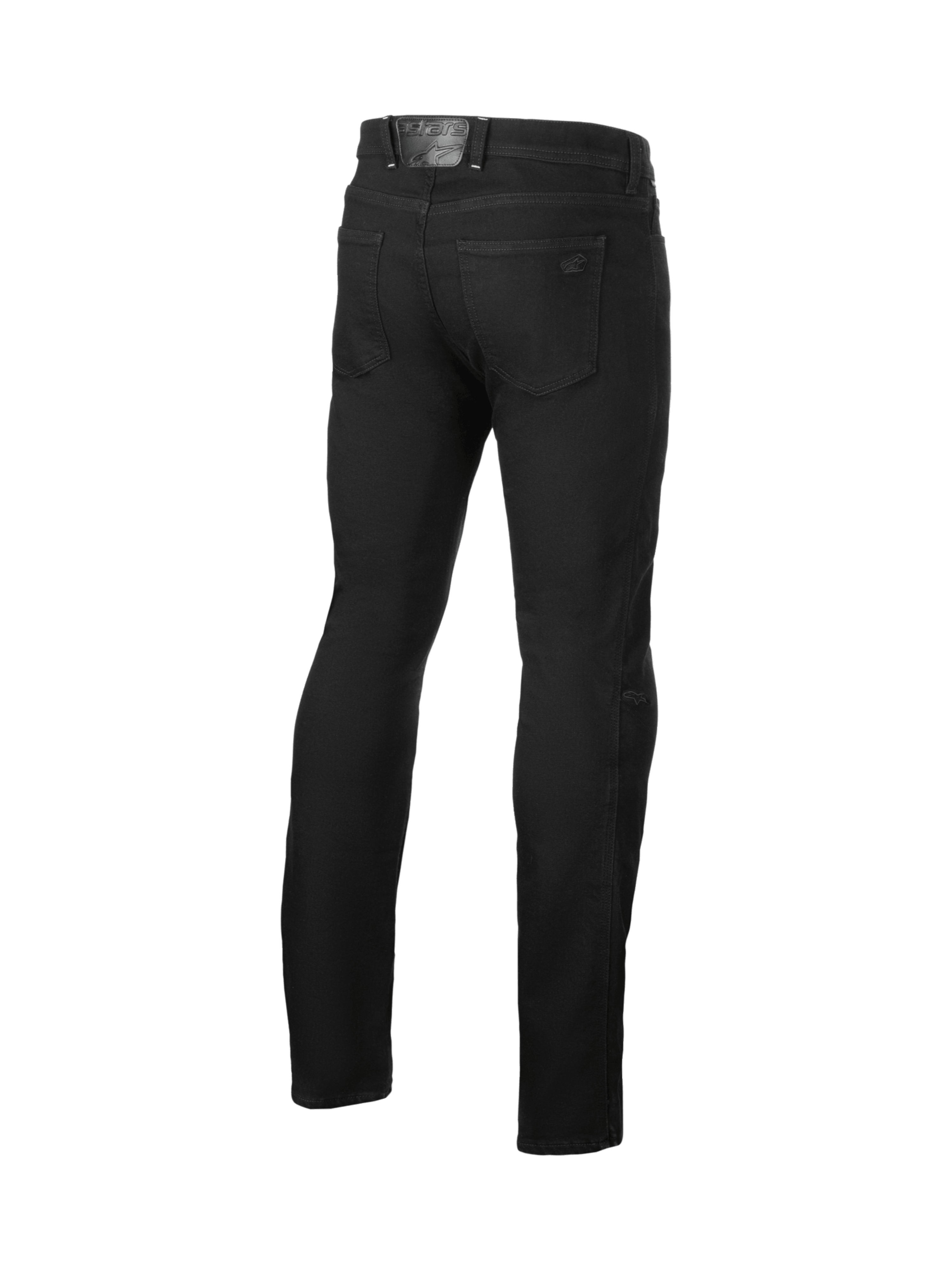 Alpinestars Cult-8 Stretch Denim, calças de ganga de moto pretas para homem, vista traseira, joelheiras certificadas CE