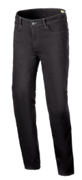 Alpinestars Cult-8 Stretch Denim Pants, calças de ganga para motociclismo, Black Rinse, corte regular relaxado com perna reta, design de cinco bolsos, tecido elástico de camada única com costuras tonais, estilo urbano casual