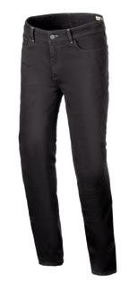 Alpinestars Cult-8 Stretch Denim Pants, calças de ganga para motociclismo, Black Rinse, corte regular relaxado com perna reta, design de cinco bolsos, tecido elástico de camada única com costuras tonais, estilo urbano casual