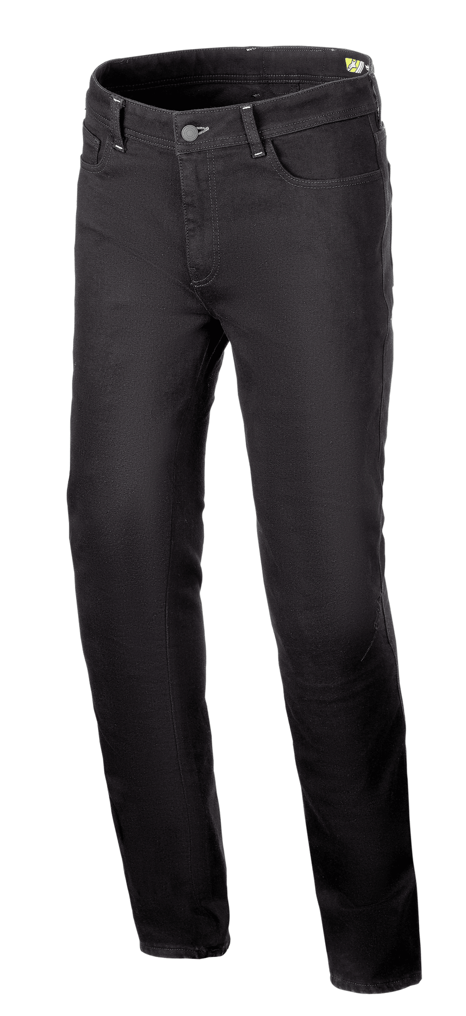 Alpinestars Cult-8 Stretch Denim Pants, calças de ganga para motociclismo, Black Rinse, corte regular relaxado com perna reta, design de cinco bolsos, tecido elástico de camada única com costuras tonais, estilo urbano casual