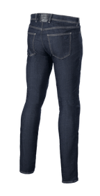 Alpinestars Cult-8 Stretch Denim Pants, Rinse Blue, rear view, featuring a five-pocket design with tonal logo embroidery on the back pocket, relaxed regular fit with straight leg, protective motorcycle riding jeans.
