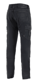 Calças Cargo Alpinestars Barton Riding, calças de motociclismo pretas, vista traseira com bolso cargo lateral, bolsos traseiros com detalhe de logótipo em espiral, marca Oscar by Alpinestars no cós, tecido tricotado casual estilo denim