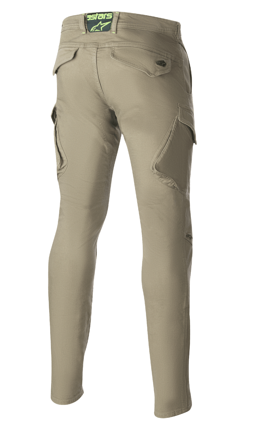 Alpinestars Caliber Slim Fit Tech Riding Pants, Military Green, rear view showing angled cargo pockets and slim tapered silhouette, features Astars logo on back waistband, durable urban combat style motorcycle pants
