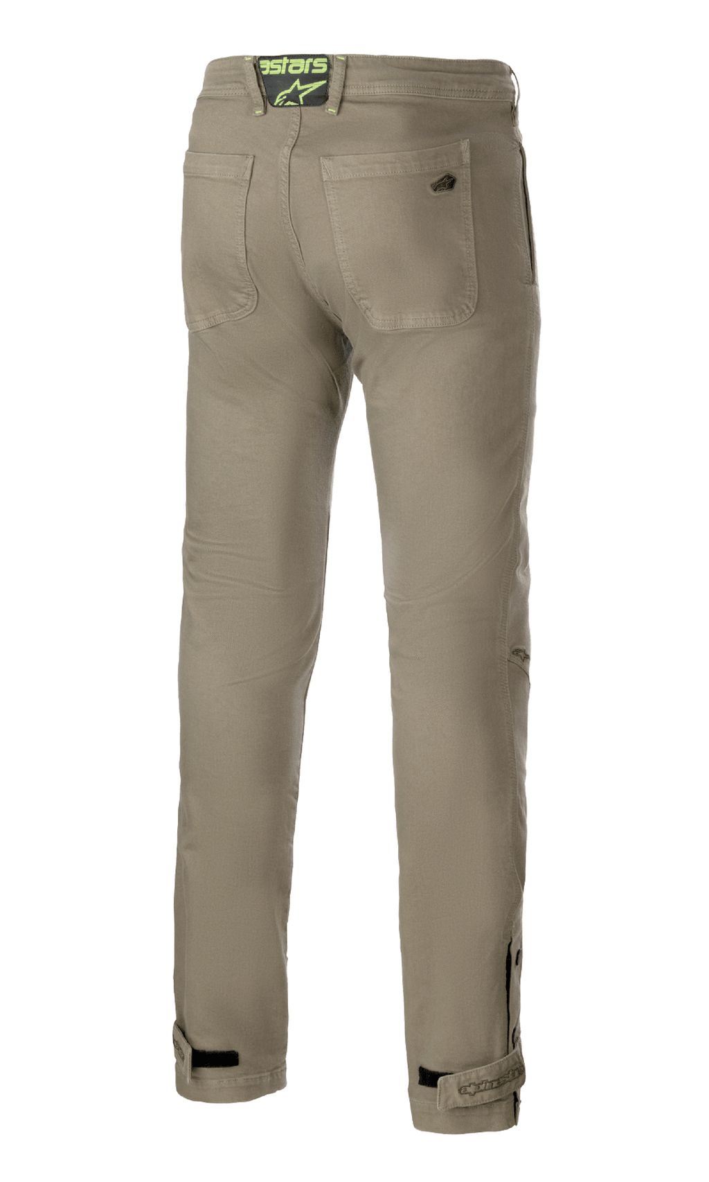 Alpinestars Stratos Regular Fit Tech Riding Pants, Verde Militar, vista traseira com dois bolsos traseiros e patch de logótipo verde néon na cintura, pernas afuniladas com tiras ajustáveis nos tornozelos, calças de motociclismo de estilo urbano casual