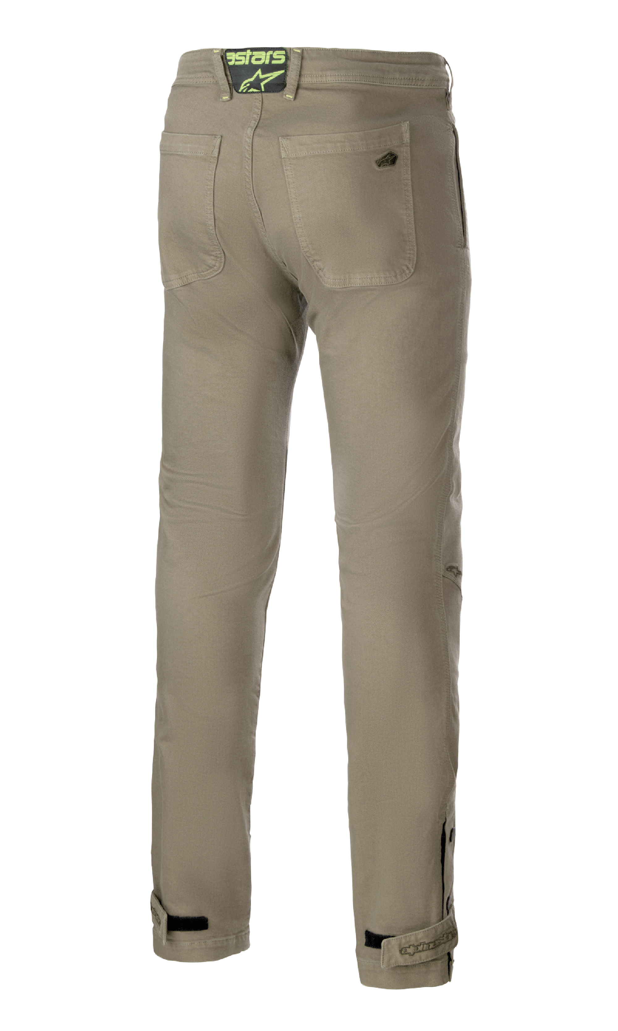 Alpinestars Stratos Regular Fit Tech Riding Pants, Verde Militar, vista traseira com dois bolsos traseiros e patch de logótipo verde néon na cintura, pernas afuniladas com tiras ajustáveis nos tornozelos, calças de motociclismo de estilo urbano casual