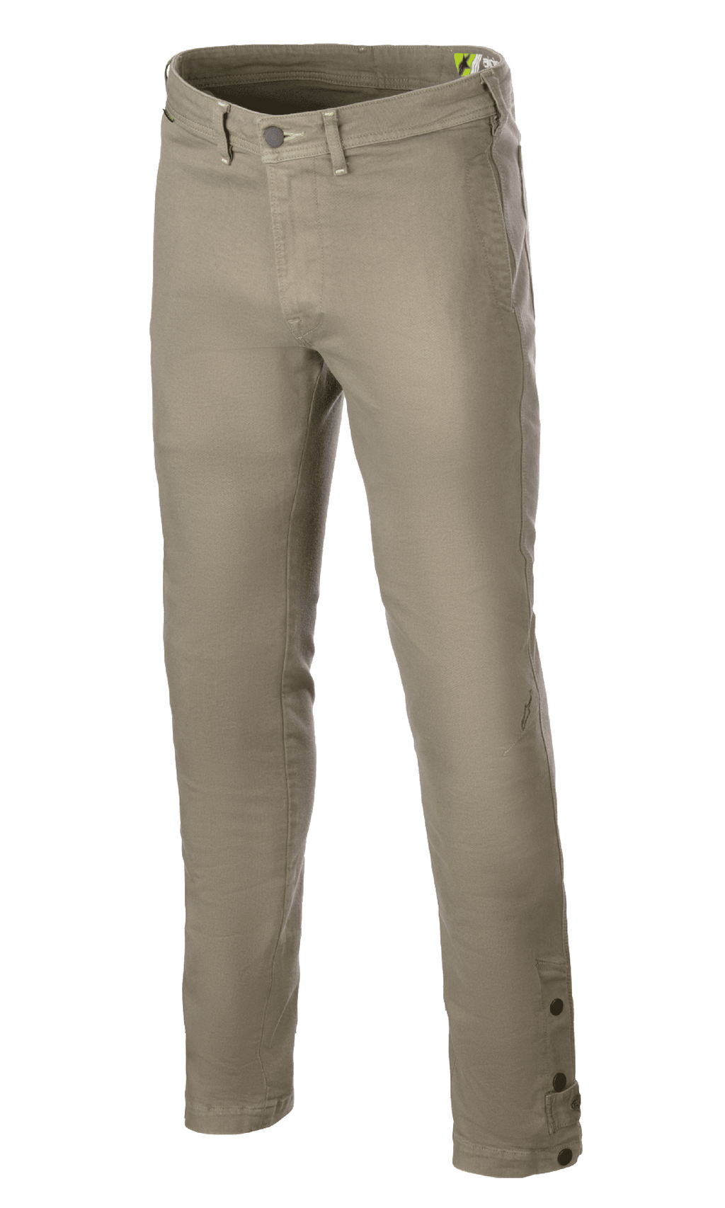 Alpinestars Stratos Regular Fit Tech Riding Pants, calças de motociclismo, verde militar, com design afunilado, fecho de botão e fecho de correr, passadores de cinto e botões de ajuste no tornozelo