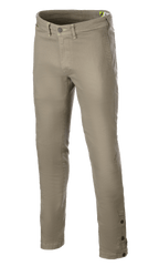 Alpinestars Stratos Regular Fit Tech Riding Pants, calças de motociclismo, verde militar, com design afunilado, fecho de botão e fecho de correr, passadores de cinto e botões de ajuste no tornozelo