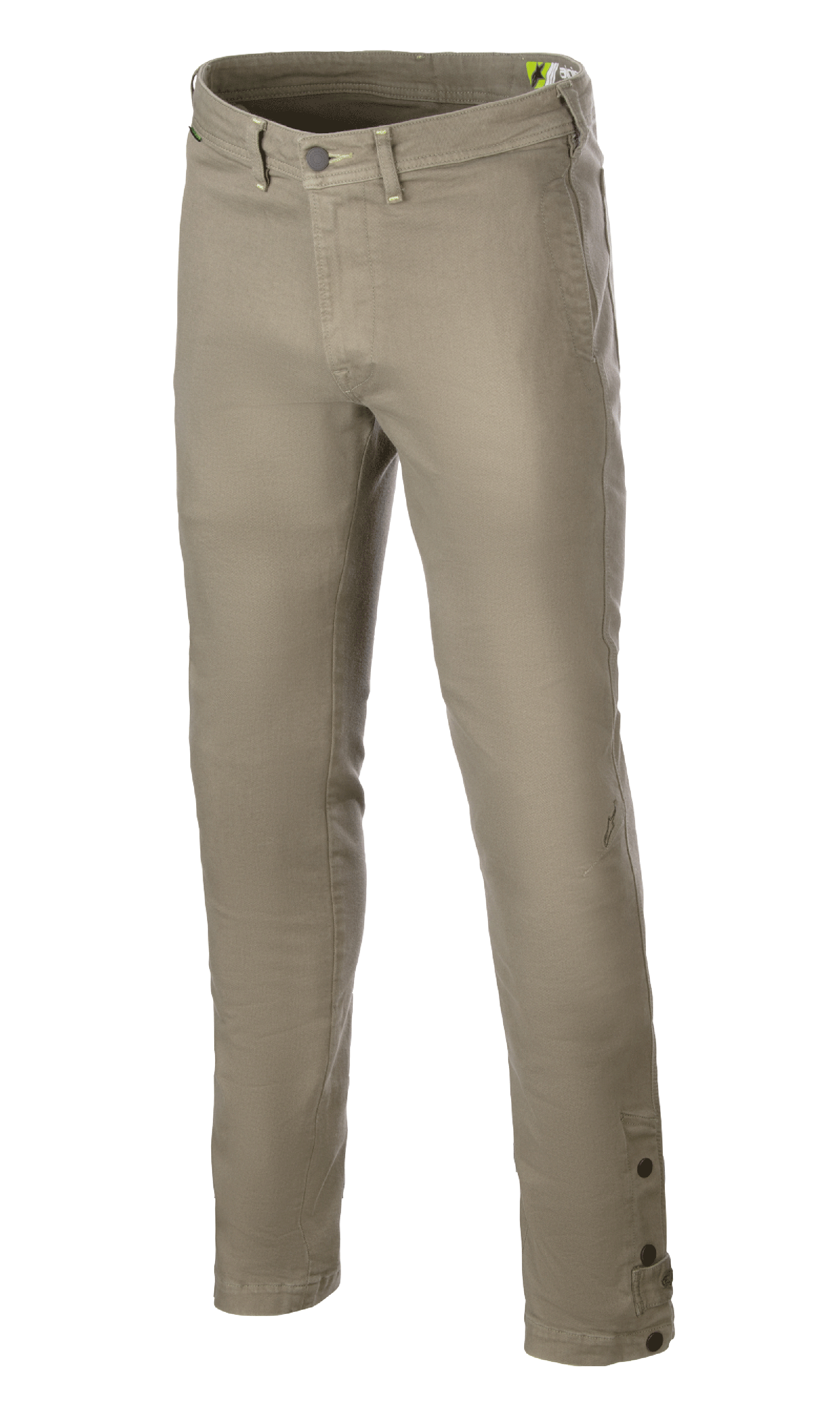 Alpinestars Stratos Regular Fit Tech Riding Pants, calças de motociclismo, verde militar, com design afunilado, fecho de botão e fecho de correr, passadores de cinto e botões de ajuste no tornozelo