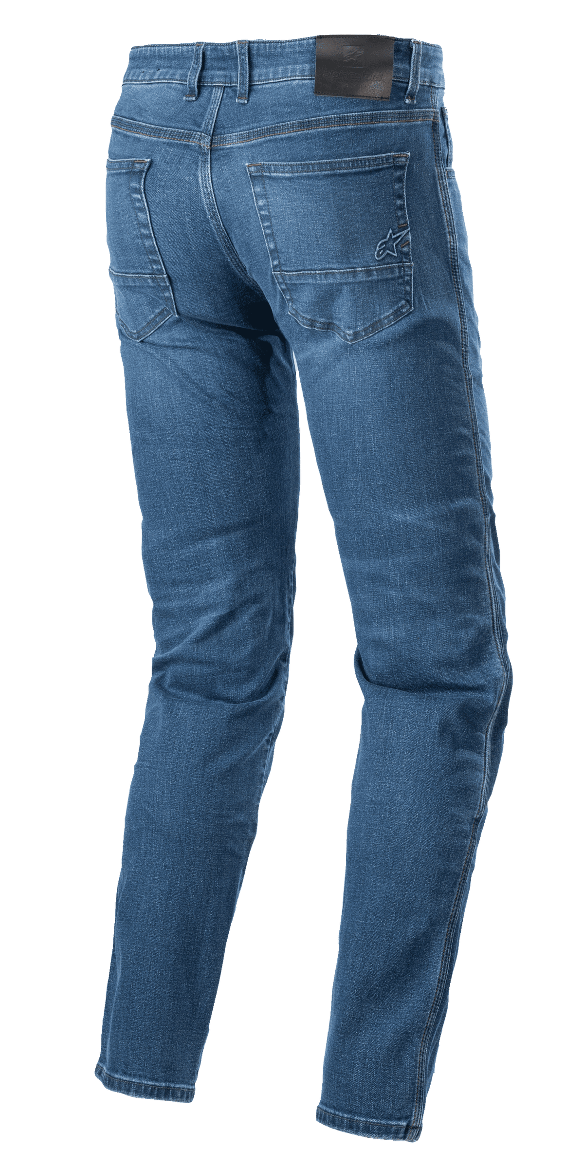 Alpinestars Radon Regular Fit Denim Pants, Motorcycle Riding Jeans, Rinse Blue, back view showing black waistband patch and embroidered star logo on the right rear pocket, pre-curved legs for riding ergonomics, casual five-pocket denim style