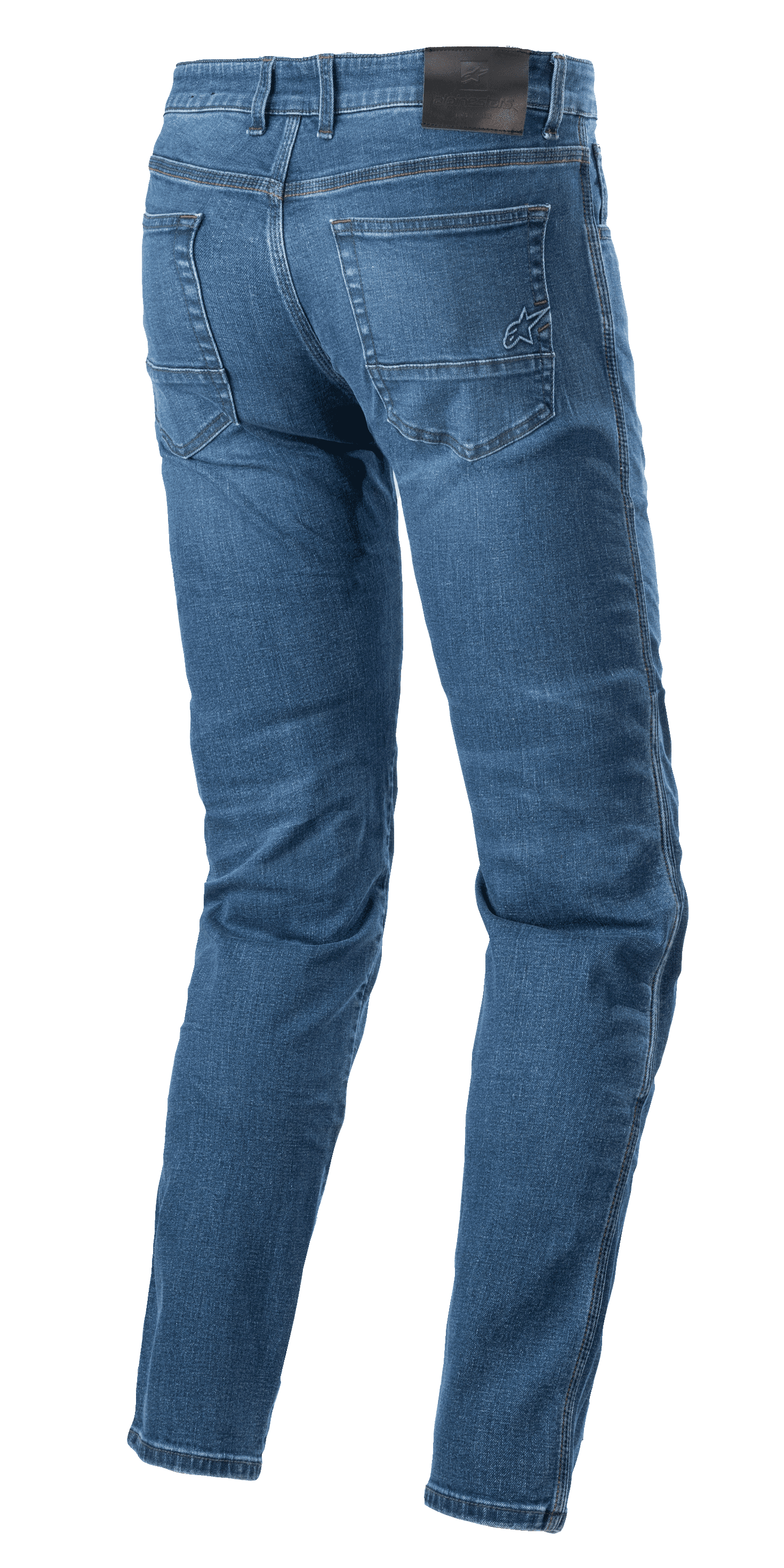 Alpinestars Radon Regular Fit Denim Pants, calças de motociclismo, Rinse Blue, vista traseira mostrando patch preto na cintura e logótipo de estrela bordado no bolso traseiro direito, pernas pré-curvadas para ergonomia de condução, estilo casual de ganga com cinco bolsos