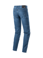 Alpinestars Radon Standard, calças de ganga para moto para homem, azul, vista traseira com logótipo bordado nos bolsos.