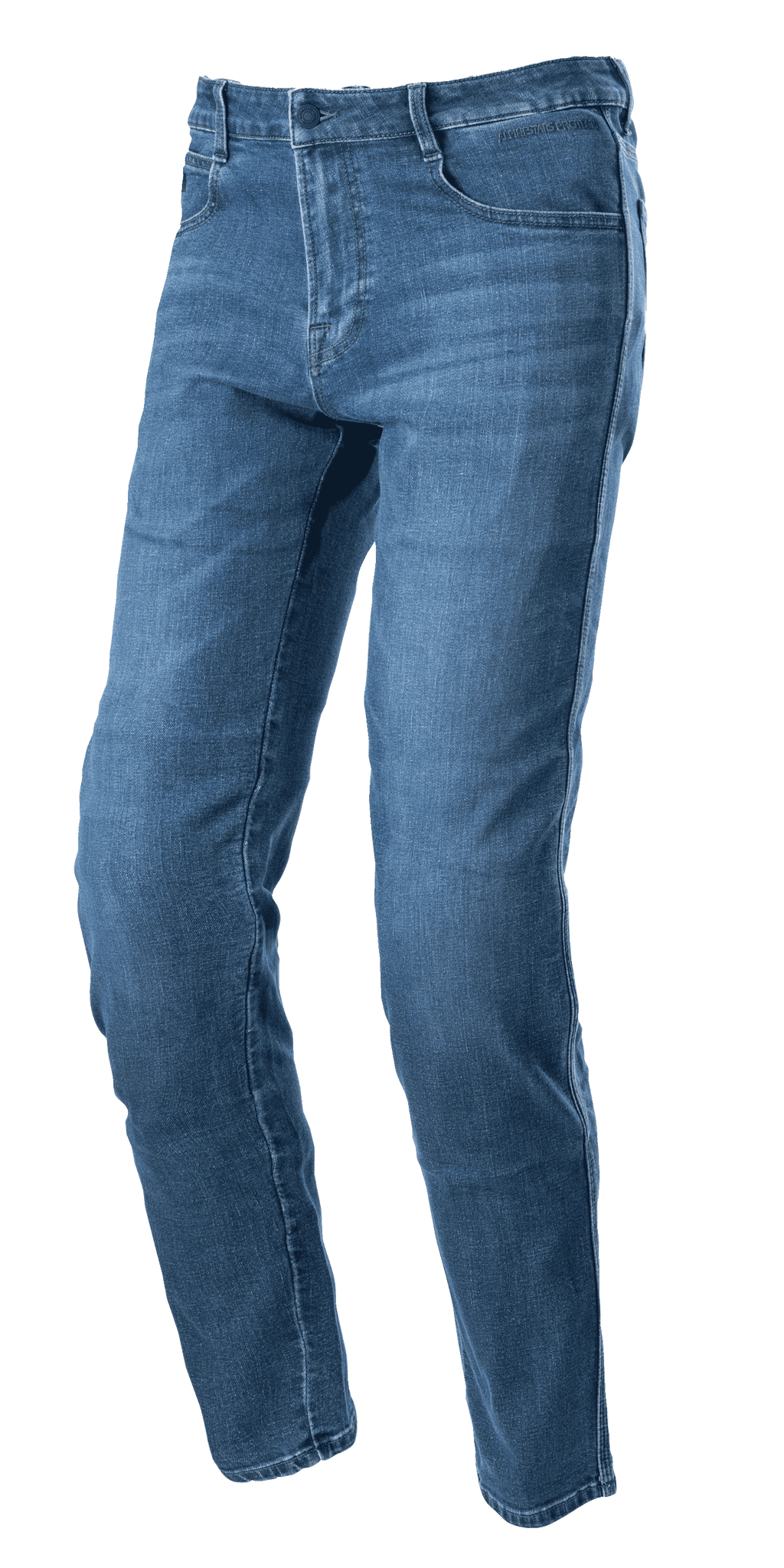 Alpinestars Radon Regular Fit Denim Pants, calças de ganga de motociclismo em azul Rinse Blue, corte direito com design de cinco bolsos, textura de ganga desbotada, fecho de botão e fecho de correr, construção durável para condução urbana