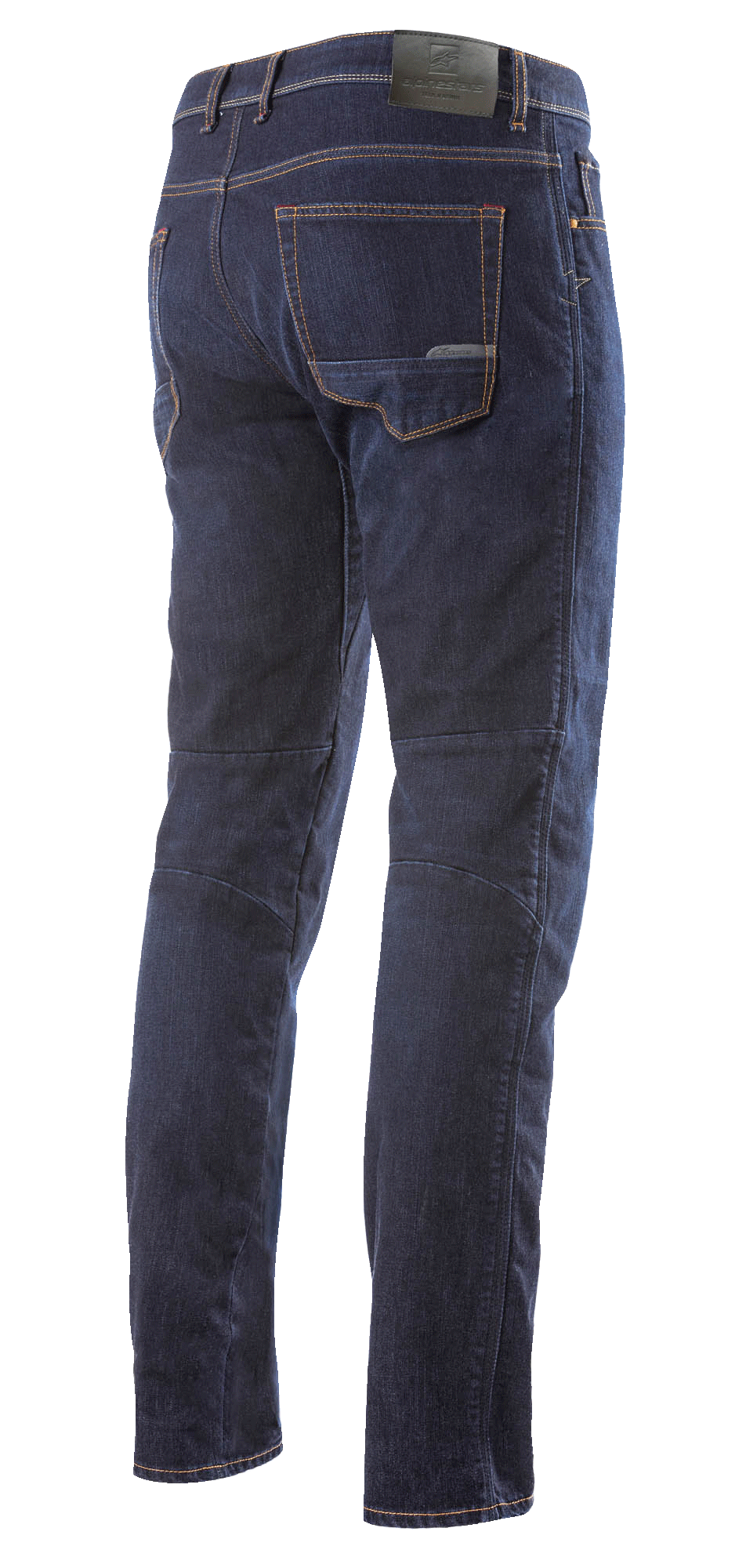 Alpinestars Radium Denim Pants, Motorcycle Riding Jeans, Dark Blue, back full-length view, classic five-pocket design with leather-look logo patch on waistband, engineered back leg cut for ergonomic riding comfort.