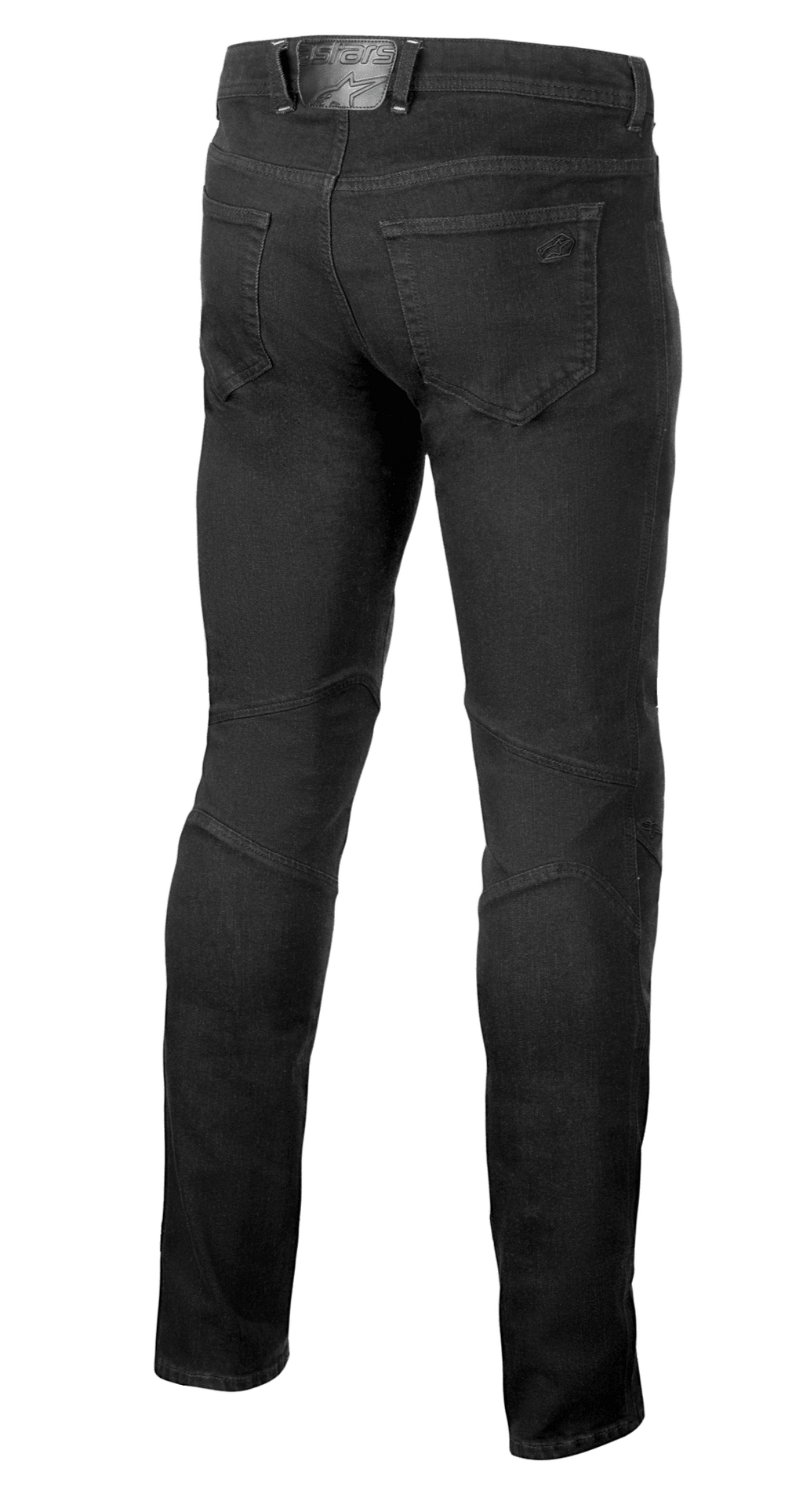 Alpinestars Radium V2 Denim Pants, calças de ganga para motociclismo, Black Rinse, vista traseira com design de cinco bolsos, marca tonal no bolso traseiro e na etiqueta da cintura, e costuras estruturadas na parte posterior dos joelhos para um corte afunilado