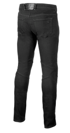 Alpinestars Radium V2 Denim Pants, calças de ganga para motociclismo, Black Rinse, vista traseira com design de cinco bolsos, marca tonal no bolso traseiro e na etiqueta da cintura, e costuras estruturadas na parte posterior dos joelhos para um corte afunilado
