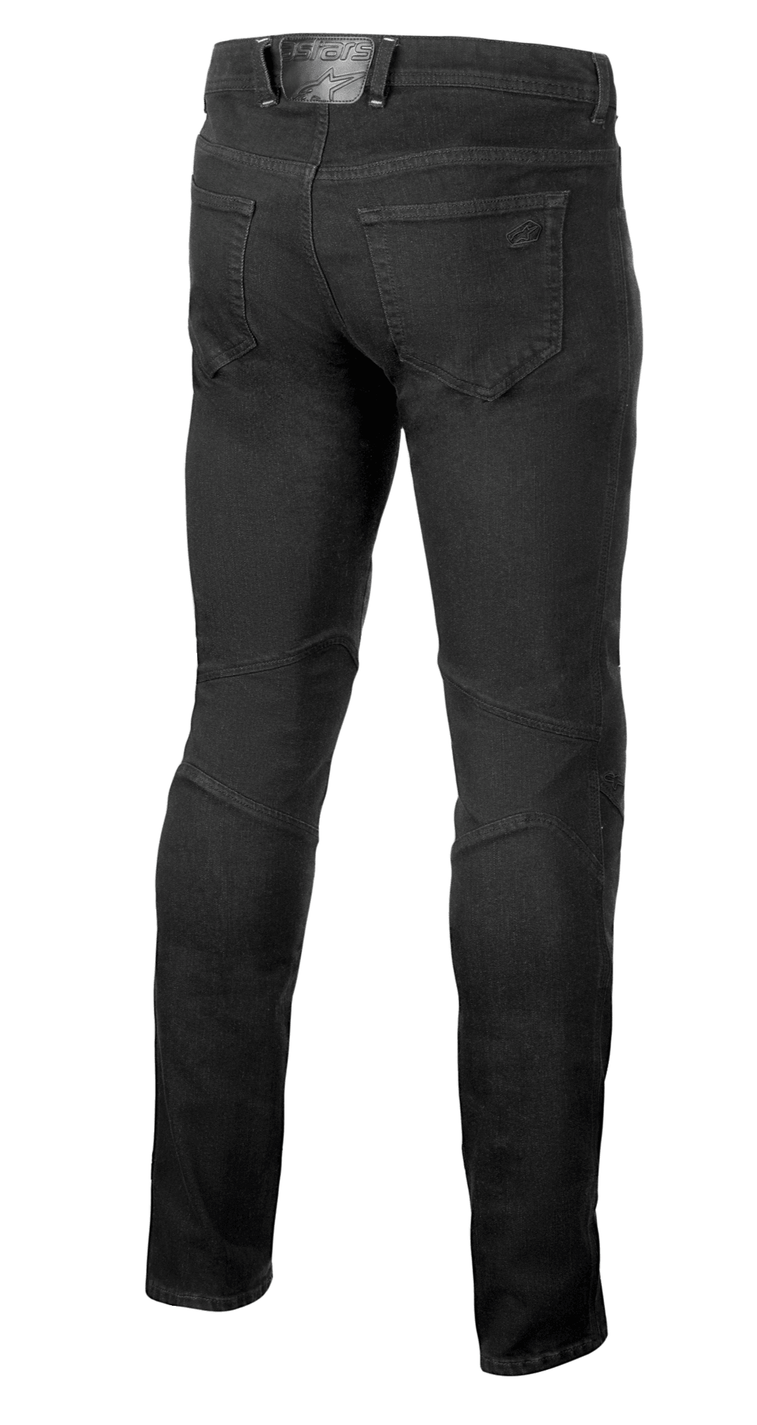 Alpinestars Radium V2 Denim Pants, calças de ganga para motociclismo, Black Rinse, vista traseira com design de cinco bolsos, marca tonal no bolso traseiro e na etiqueta da cintura, e costuras estruturadas na parte posterior dos joelhos para um corte afunilado