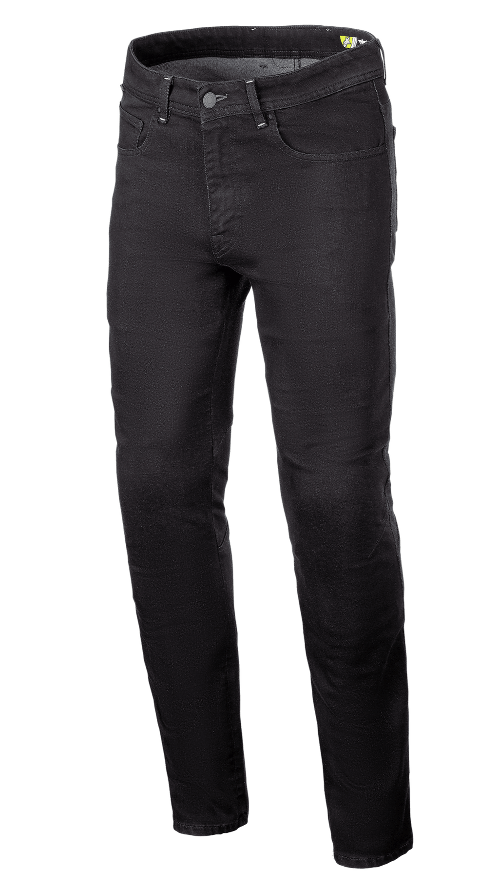 Alpinestars Radium V2 Denim Pants, calças de ganga para motociclismo, Black Rinse, com perna afunilada regular, design de cinco bolsos, passantes para cinto, fecho de botão e fecho de correr, tecido de ganga escura