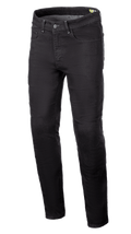 Alpinestars Radium V2 Denim Pants, calças de ganga para motociclismo, Black Rinse, com perna afunilada regular, design de cinco bolsos, passantes para cinto, fecho de botão e fecho de correr, tecido de ganga escura