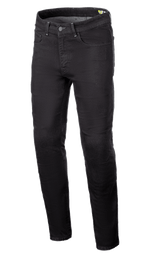 Alpinestars Radium V2 Denim Pants, calças de ganga para motociclismo, Black Rinse, com perna afunilada regular, design de cinco bolsos, passantes para cinto, fecho de botão e fecho de correr, tecido de ganga escura