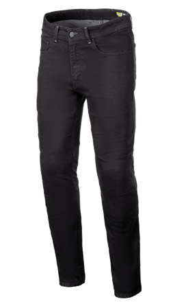 Alpinestars Radium V2 Denim Pants, calças de ganga para motociclismo, Black Rinse, com perna afunilada regular, design de cinco bolsos, passantes para cinto, fecho de botão e fecho de correr, tecido de ganga escura