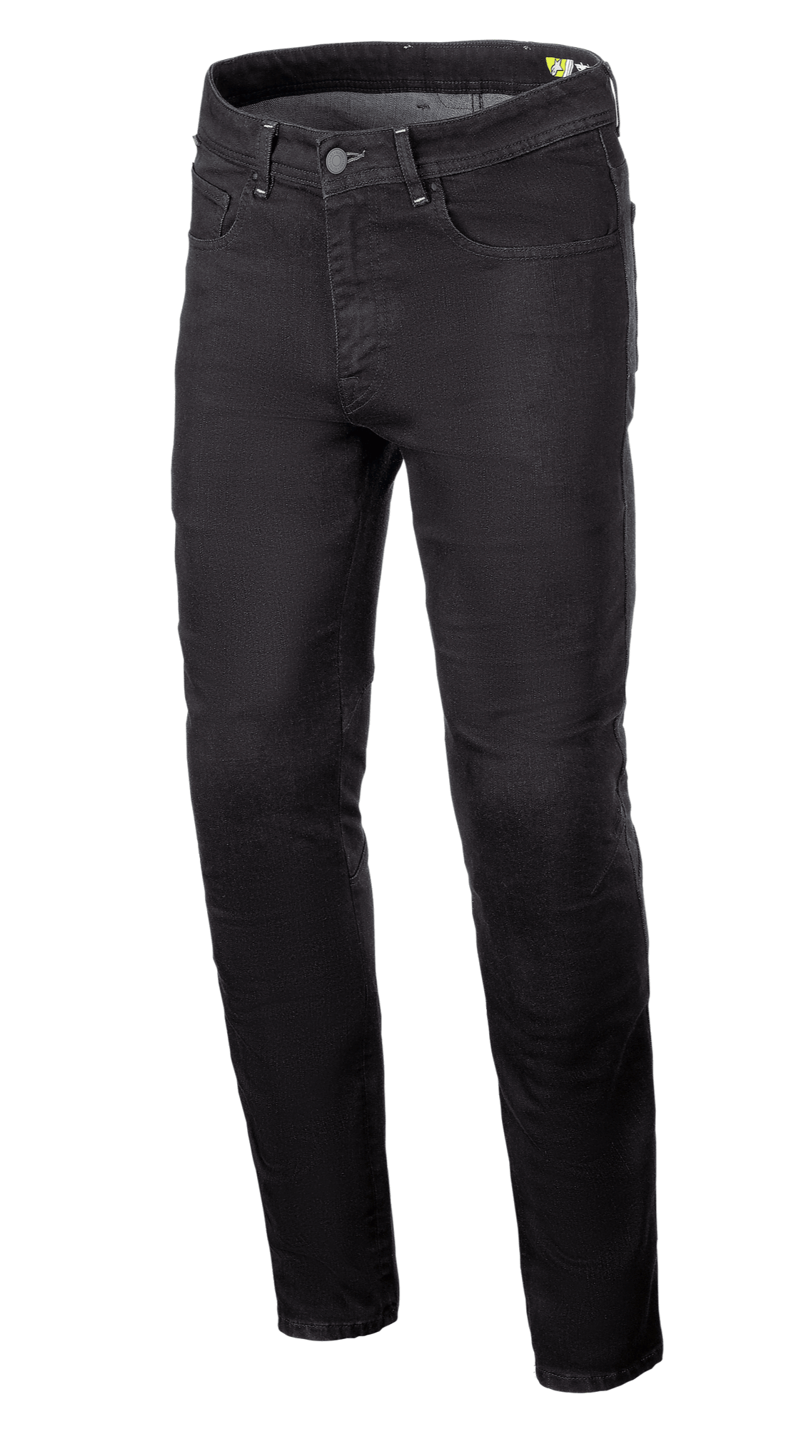 Alpinestars Radium V2 Denim Pants, calças de ganga para motociclismo, Black Rinse, com perna afunilada regular, design de cinco bolsos, passantes para cinto, fecho de botão e fecho de correr, tecido de ganga escura