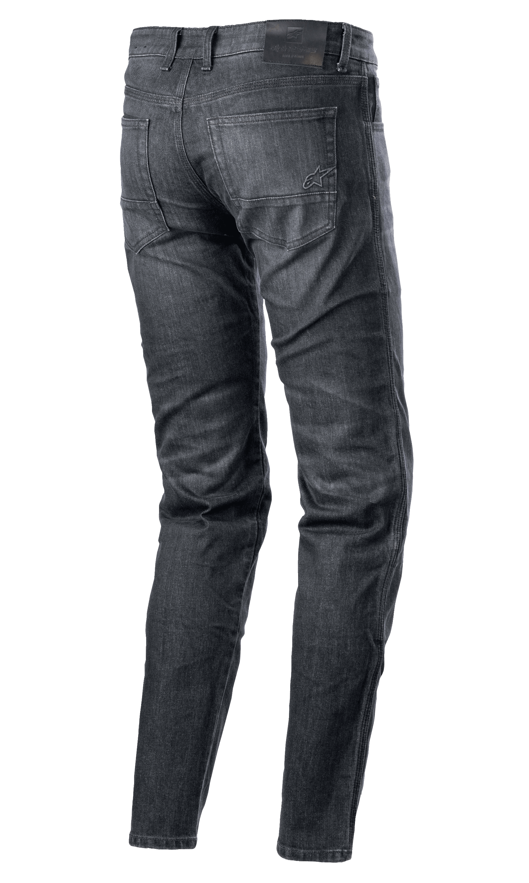 Alpinestars Sektor Regular Fit Denim Pants, Motorcycle Riding Jeans, Black Washed, rear view showing five-pocket design, stitched logo on back pocket, black leather waistband patch, tapered leg, urban technical riding gear