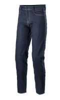 Alpinestars Sektor Regular Fit Denim Pants, Mid Blue motorcycle jeans, technical riding pants featuring white contrast stitching, five-pocket construction, belt loops, and a tapered leg design in stretch denim