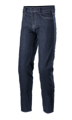 Alpinestars Sektor Regular Fit Denim Pants, Mid Blue motorcycle jeans, technical riding pants featuring white contrast stitching, five-pocket construction, belt loops, and a tapered leg design in stretch denim