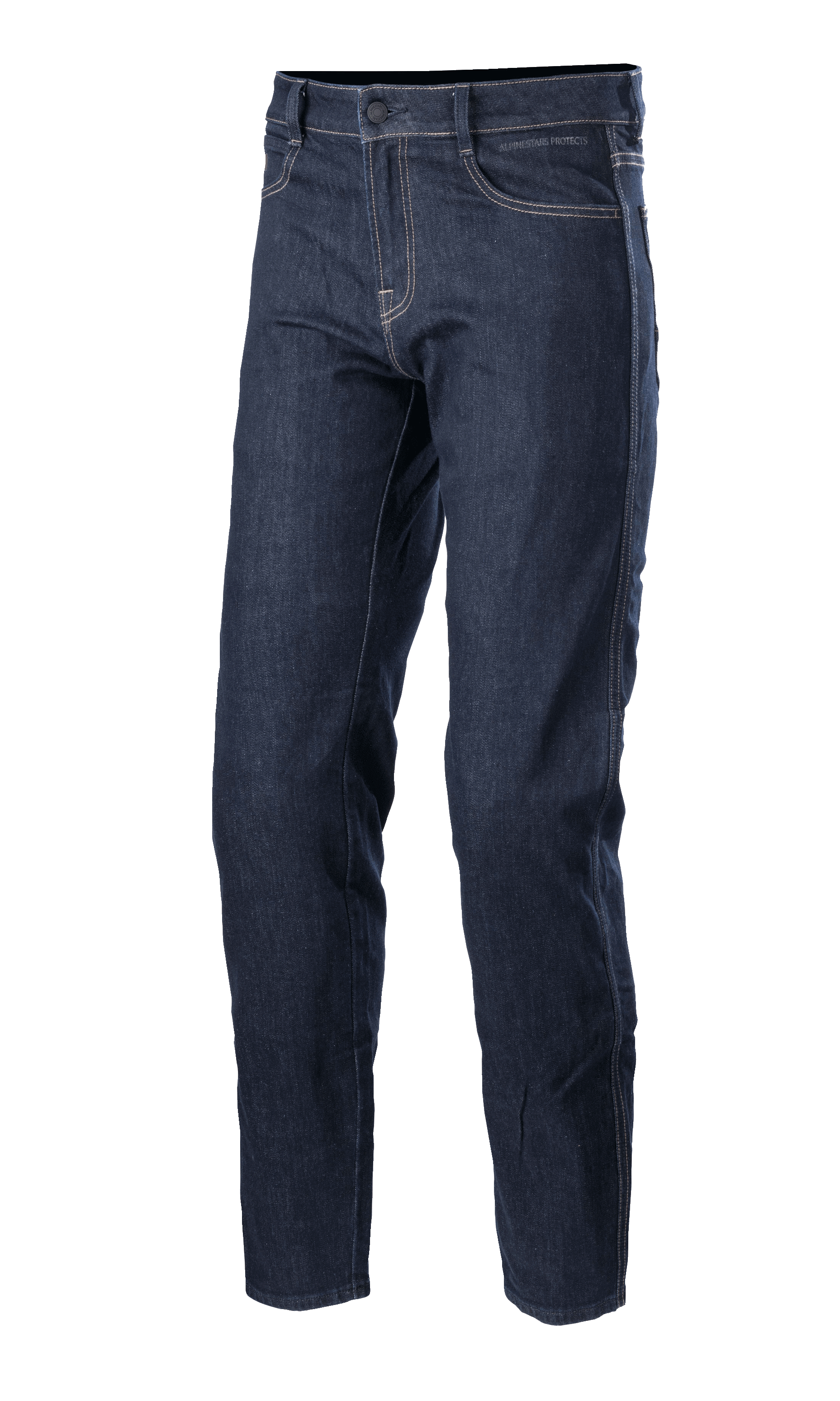 Alpinestars Sektor Regular Fit Denim Pants, Mid Blue motorcycle jeans, technical riding pants featuring white contrast stitching, five-pocket construction, belt loops, and a tapered leg design in stretch denim