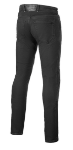 Alpinestars Copper V3 Denim Pants, calças de ganga para motociclismo, Black Rinse, vista traseira com bolsos traseiros e patch de couro na cintura com logótipo tonal, design de perna reta e corte regular confortável
