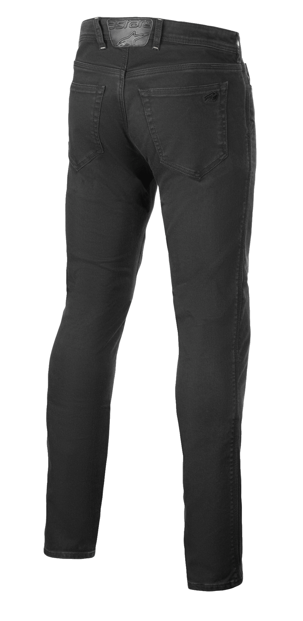 Alpinestars Copper V3 Denim Pants, calças de ganga para motociclismo, Black Rinse, vista traseira com bolsos traseiros e patch de couro na cintura com logótipo tonal, design de perna reta e corte regular confortável
