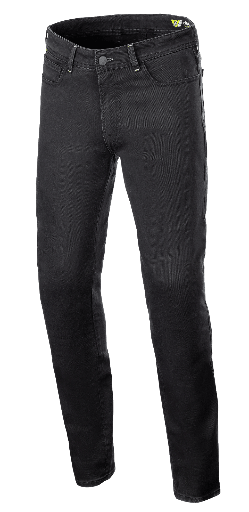 Alpinestars Copper V3 Denim Pants, calças de motociclismo, cor Black Rinse (preto), corte regular de perna reta, denim de algodão elástico com costuras tom sobre tom e design de cinco bolsos, equipamento de proteção para condução urbana