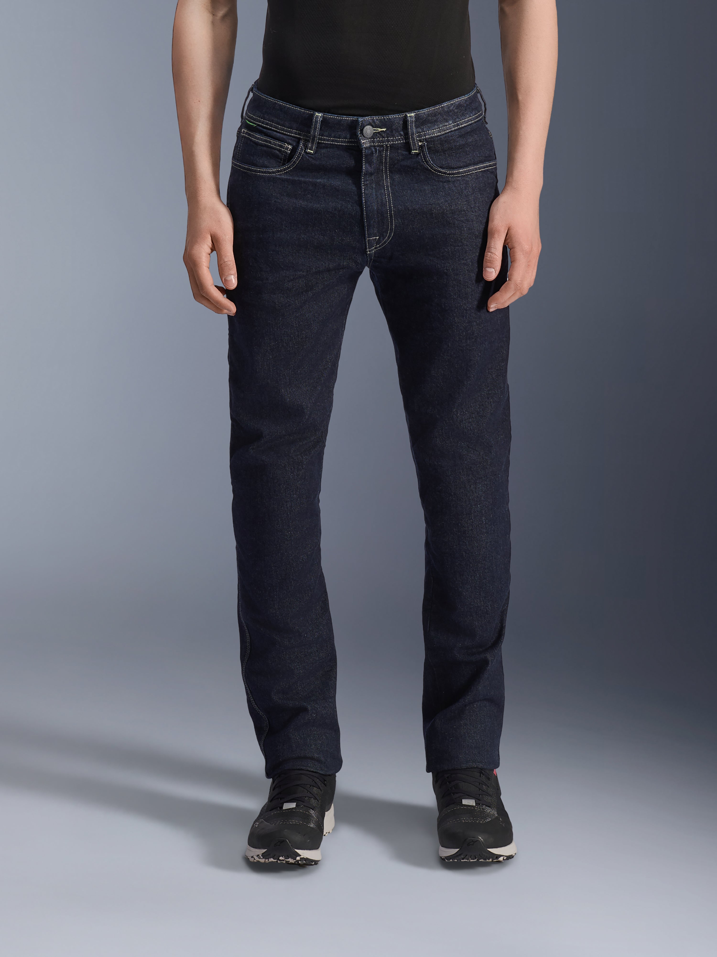 Alpinestars Copper V3 Denim Pants, Motorcycle Jeans, Rinse Blue, regular comfort fit with straight leg, featuring visible white contrast stitching and front pockets, casual urban riding style