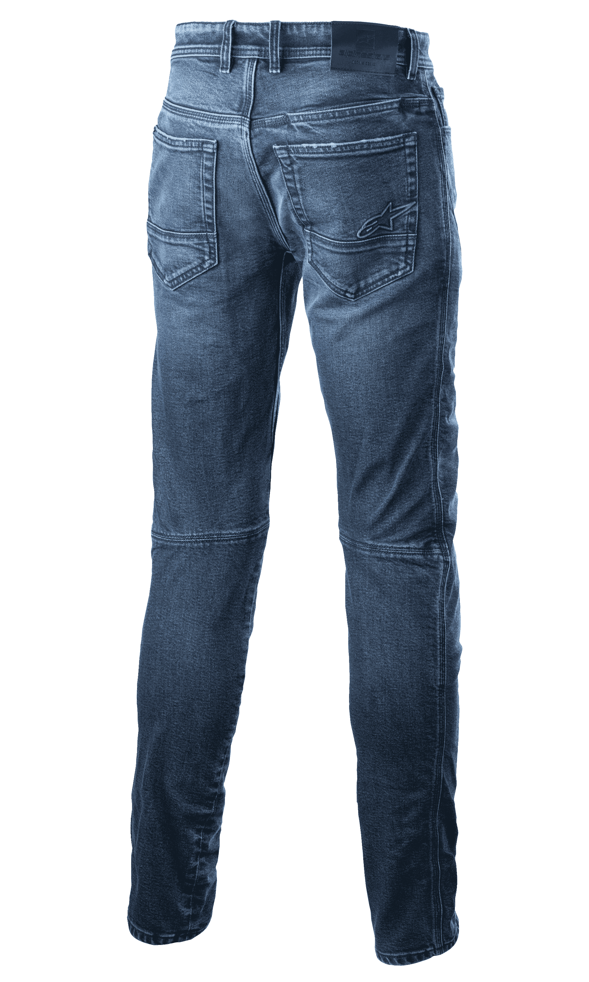Alpinestars Argon Slim Fit Denim Pants, Motorcycle Riding Jeans, Mid Blue, back view showing rear pockets with embroidered star logo, slim fit silhouette, and technical denim construction for urban riding