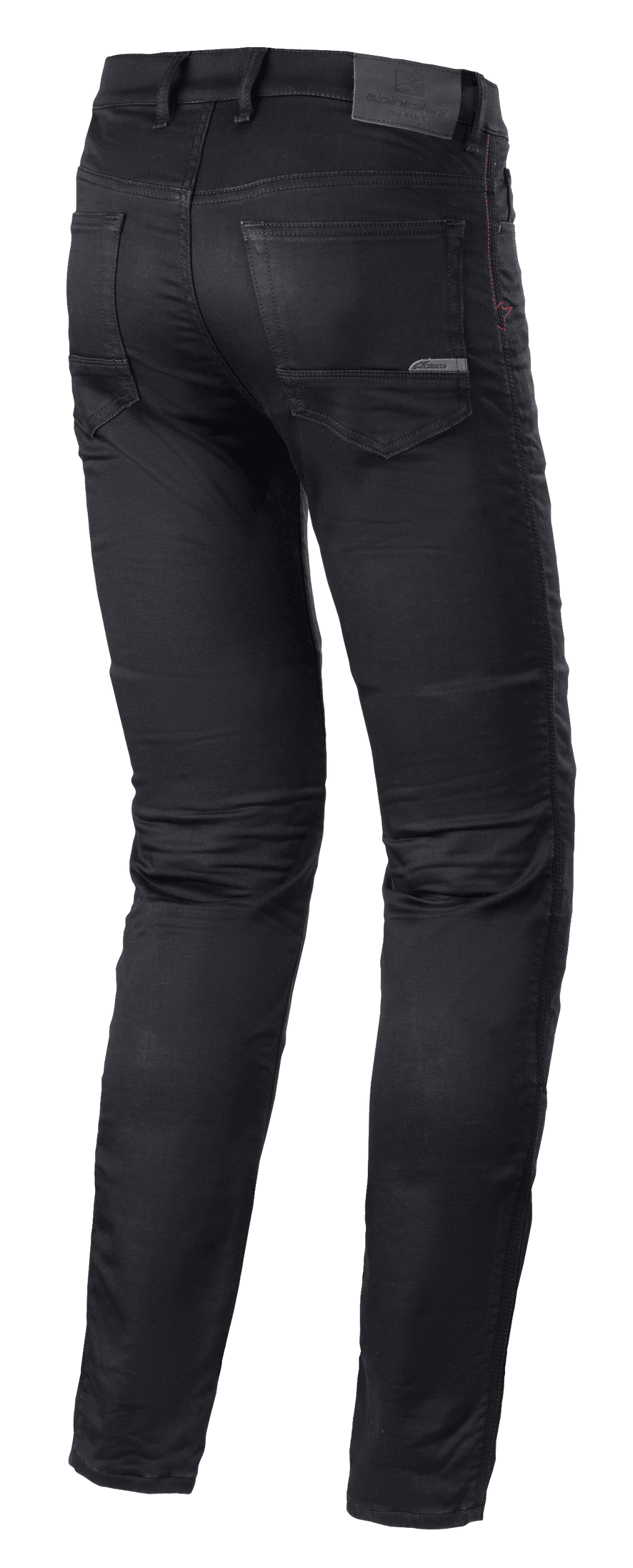 Alpinestars Cerium Tech Stretch Riding Denim, calças de ganga para motociclismo, Black Rinse, design slim fit, vista traseira com construção de perna pré-moldada, bolsos traseiros e etiqueta de couro na cintura com marca em relevo