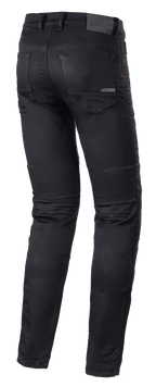 Alpinestars Cerium Tech Stretch Riding Denim, calças de ganga para motociclismo, Black Rinse, design slim fit, vista traseira com construção de perna pré-moldada, bolsos traseiros e etiqueta de couro na cintura com marca em relevo